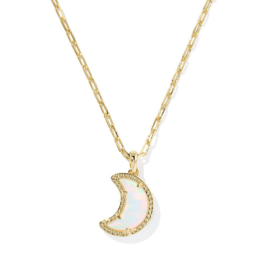Moon Short Pendant Necklace Gold White Opalescent Resin