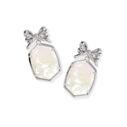Daphine Bow Drop Earrings Silver Iridescent Crystal Ivory Illusion