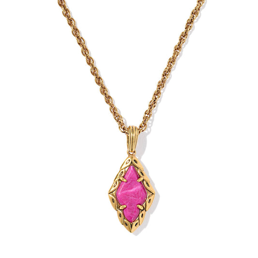 Adeline Short Pendant Necklace Vintage Gold Dark Fuchsia Variegated Magnesite