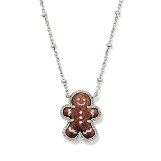 Gingerbread Short Pendant Necklace Silver Brown Goldstone