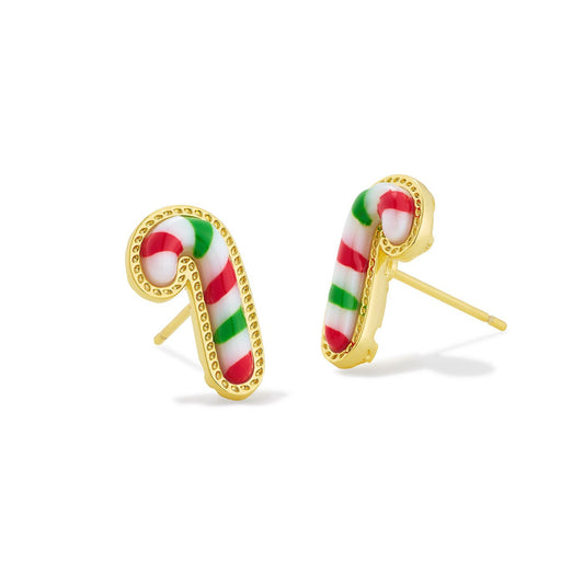 Candy Cane Stud Earrings Gold Red Green Mix