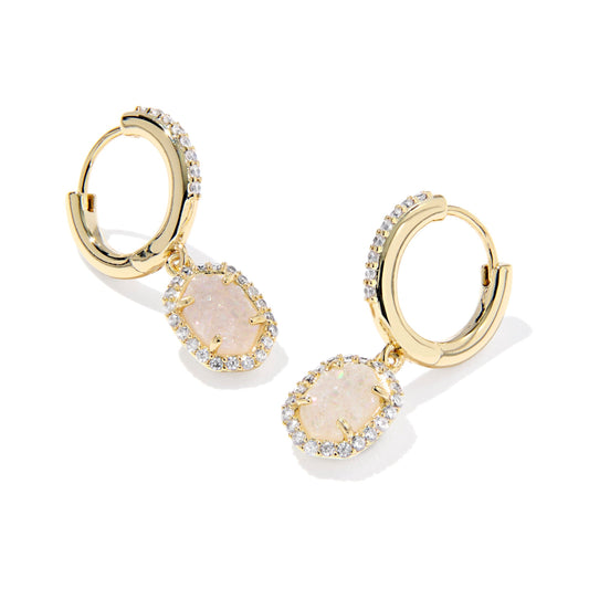 Daphne Crystal Frame Huggie Earrings Gold Iridescent Drusy