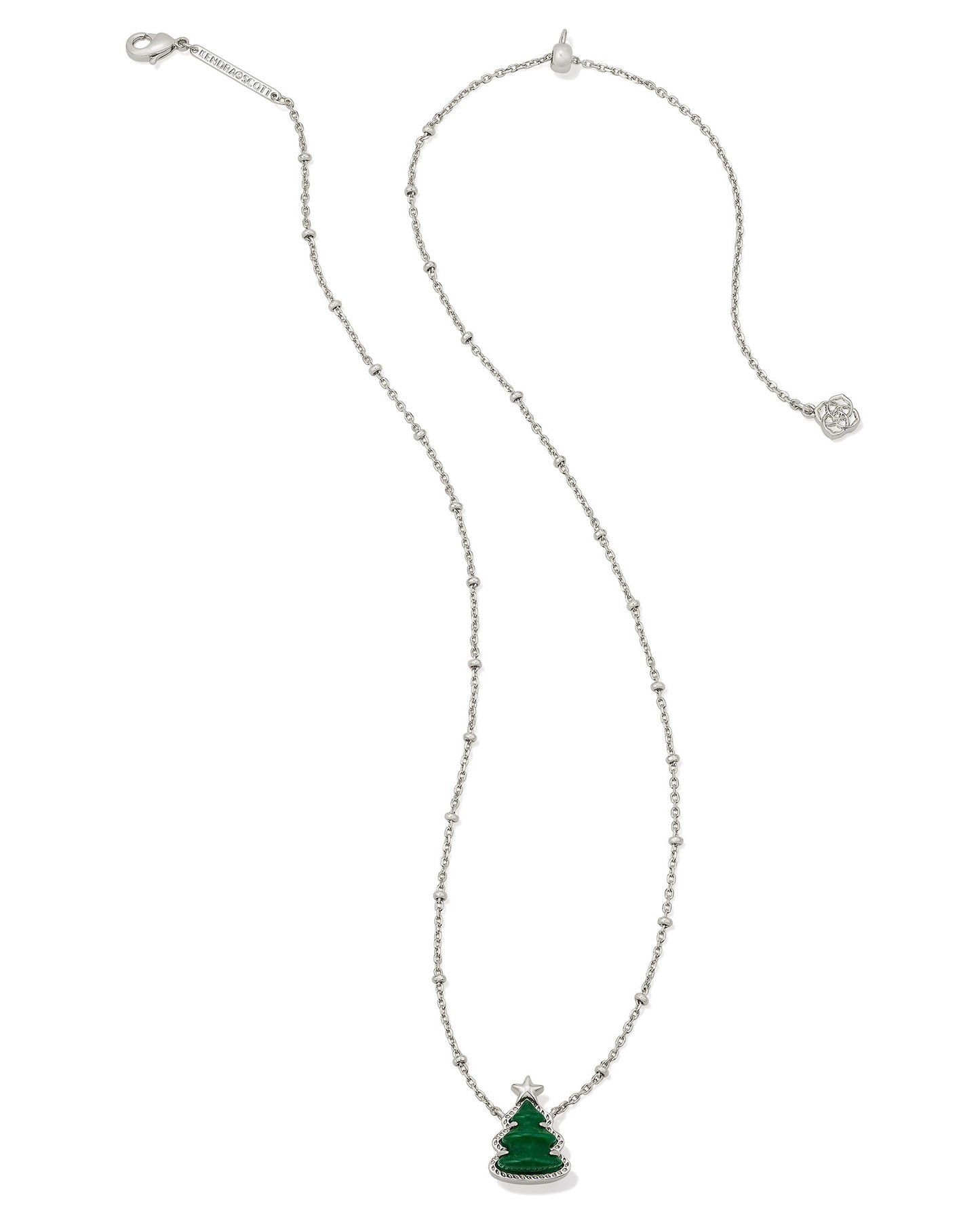 Holiday Tree Silver Short Pendant Necklace in Green Quartzite