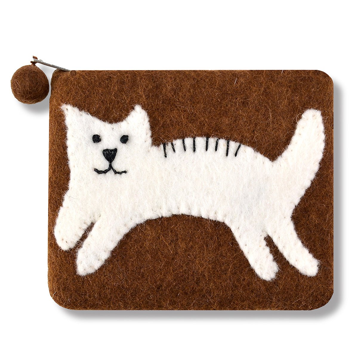 Cat Design Felted Coin Purse Brown