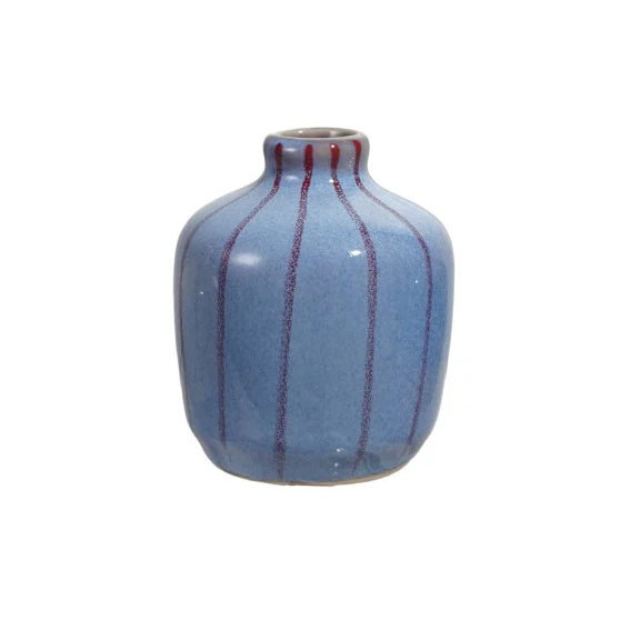 Blue with Stripes Hand-Painted Stoneware Bud Vase