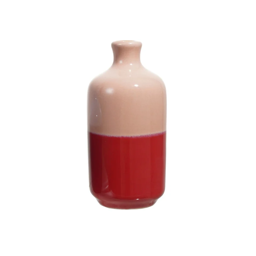 Light Pink and Red Hand-Painted Stoneware Bud Vase