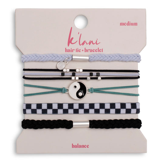 Balance Yin Yang Charm Black & White Hair Tie Bracelet Set