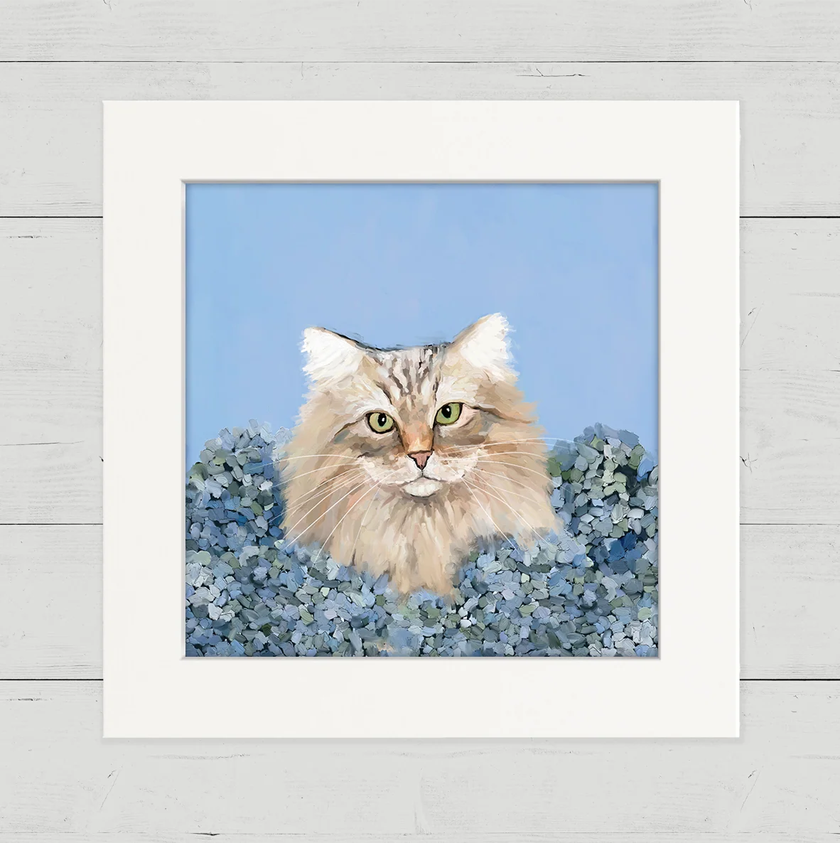 Blue Hydrangea Cat Happy Square Art