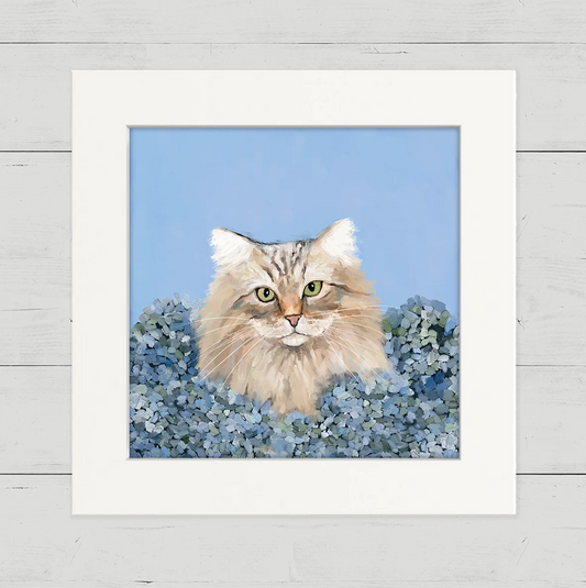 Blue Hydrangea Cat Happy Square Art