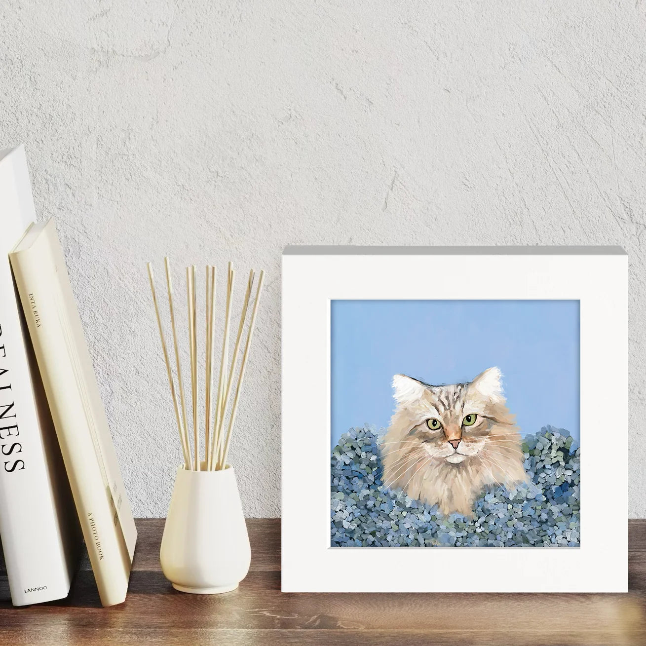 Blue Hydrangea Cat Happy Square Art