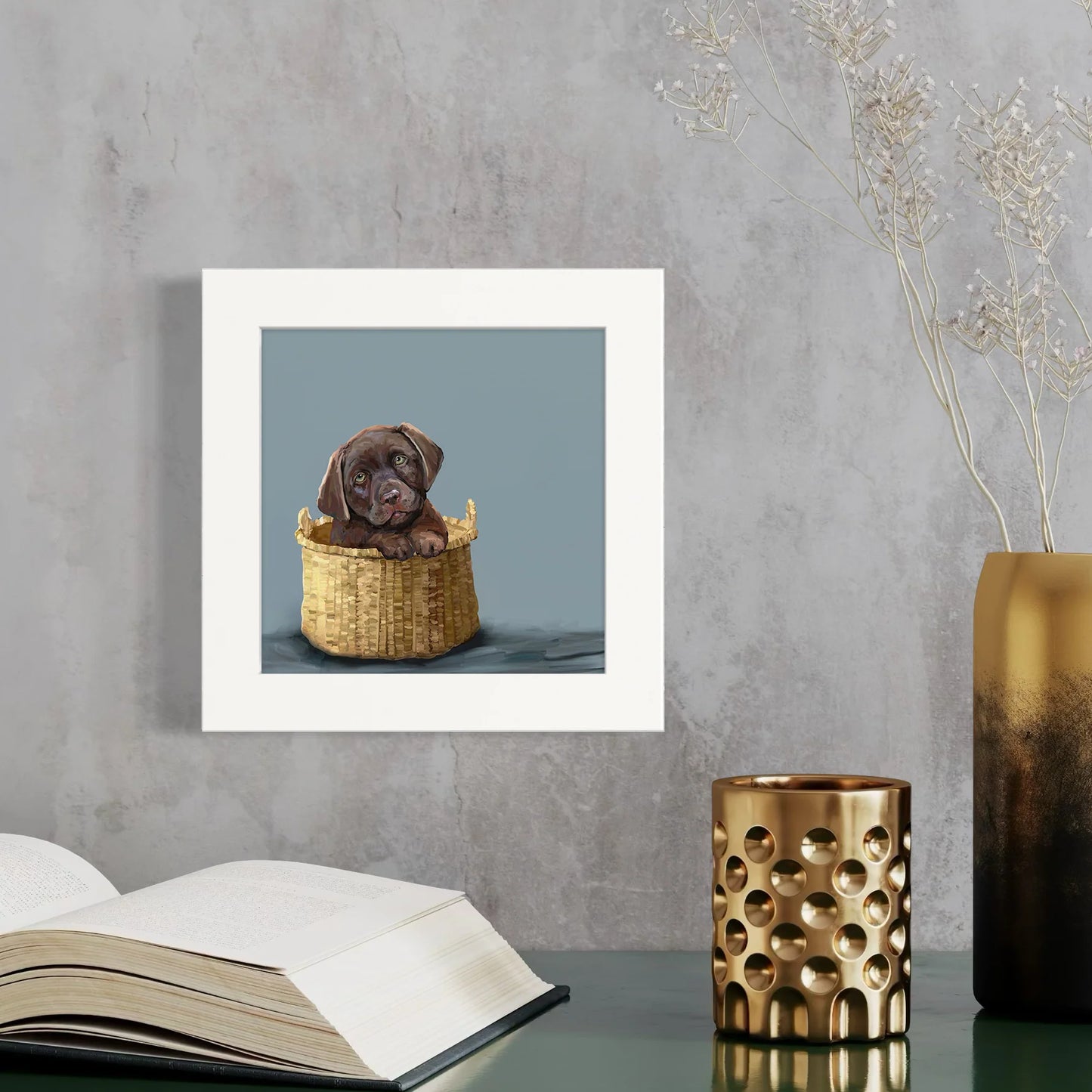 Chocolate Pup in a Basket Happy Square Art