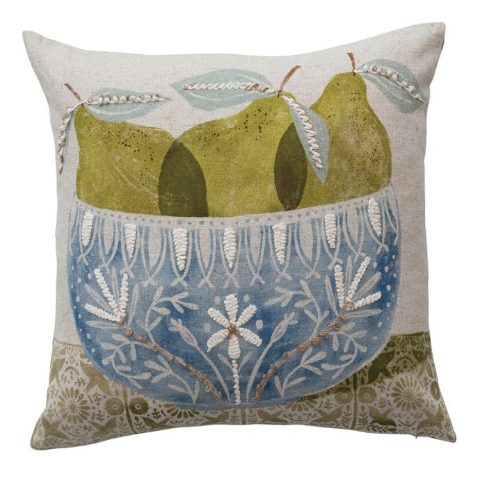 18" Square Cotton & Linen Printed Pillow Pears in Bowl