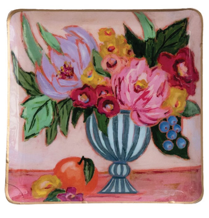Enameled Metal Tray with Flowers in Blue Striped Vase