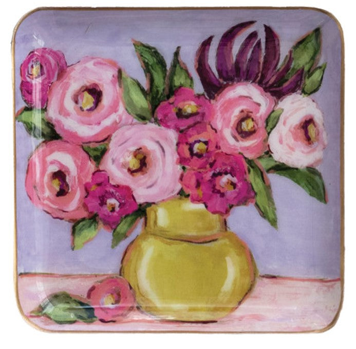 Enameled Metal Tray with Flowers in Vase w/ Purple Background