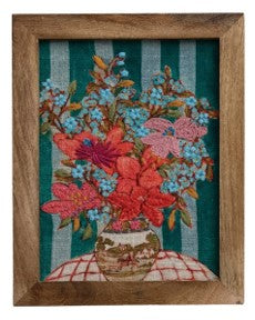 Wood Framed Cotton Embroidered w/ Teal Striped Background