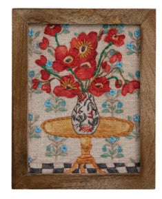 Wood Framed Cotton Embroidered Flowers on Table