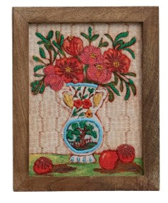 Wood Framed Cotton Embroidered in White/Blue Vase