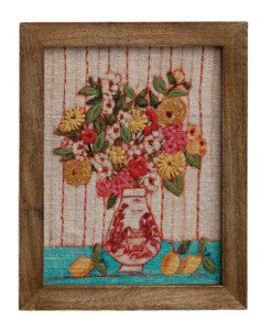 Wood Framed Cotton Embroidered in Red/White Vase