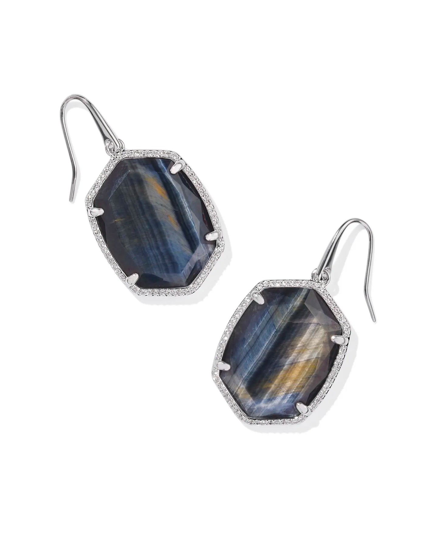 Daphne Silver Pave Frame Drop Earrings in Navy Tiger's Eye