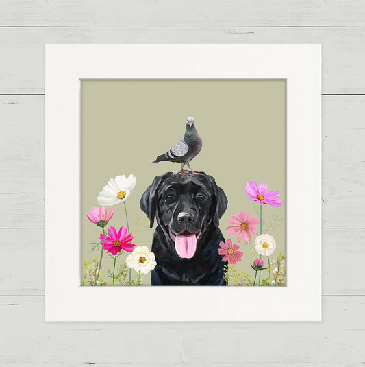Dogs and Birds - Black Lab Happy Square Art