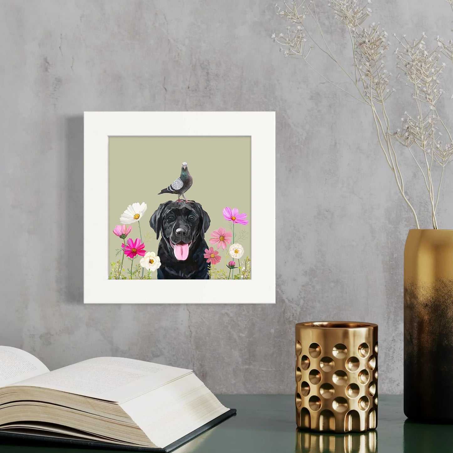 Dogs and Birds - Black Lab Happy Square Art
