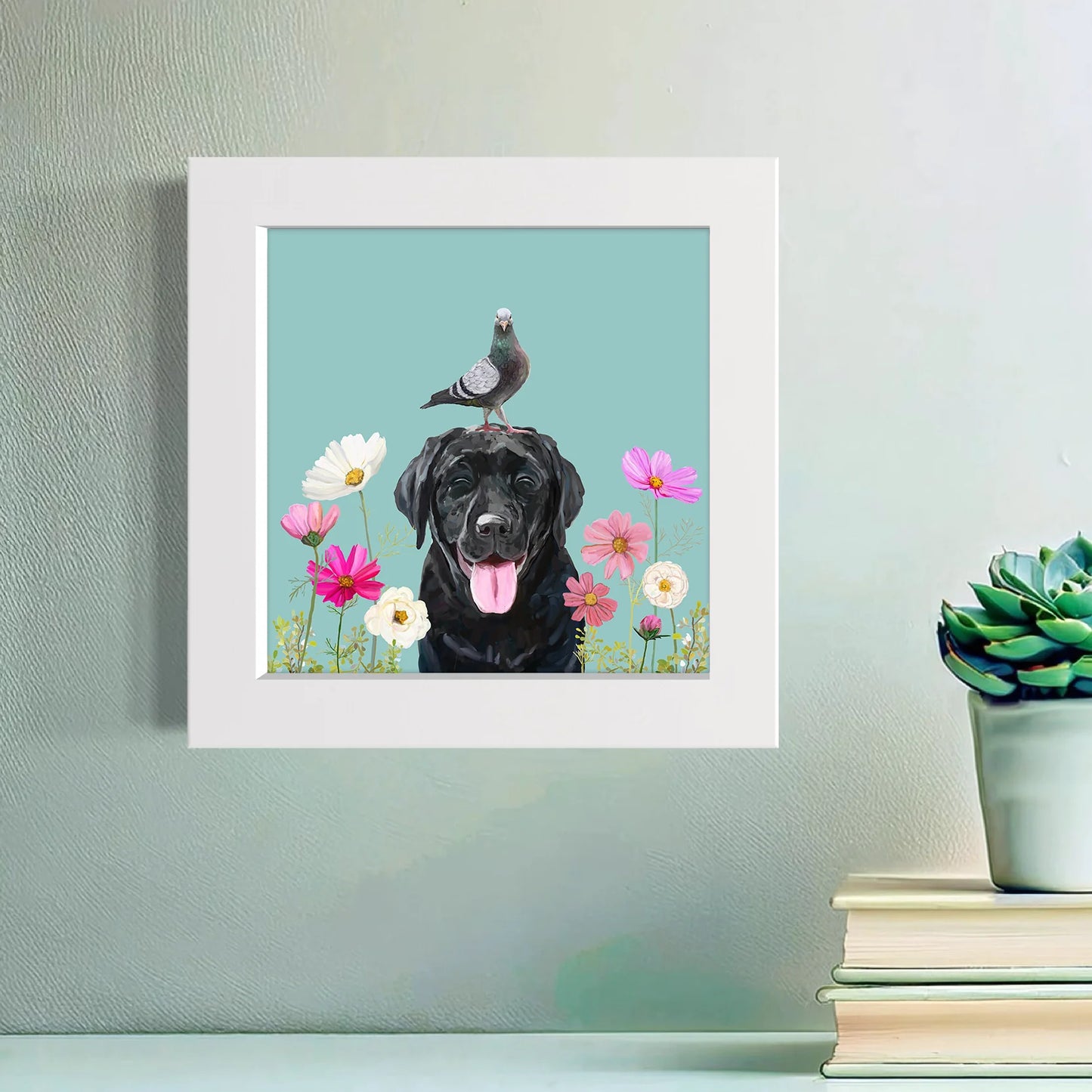 Dogs and Birds - Black Lab on Blue Happy Square Art