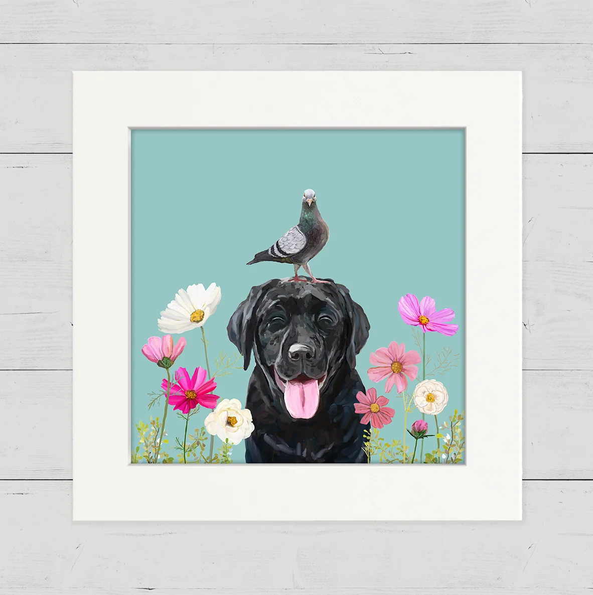 Dogs and Birds - Black Lab on Blue Happy Square Art