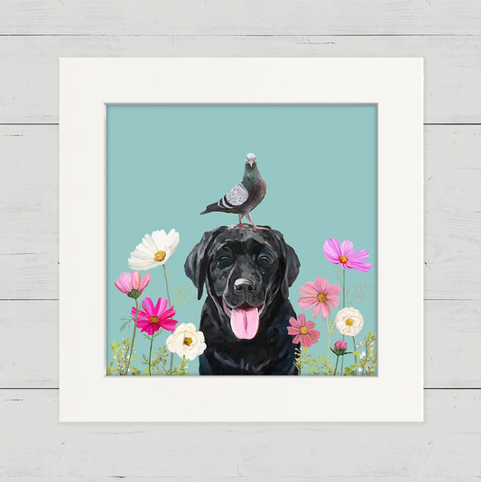 Dogs and Birds - Black Lab on Blue Happy Square Art