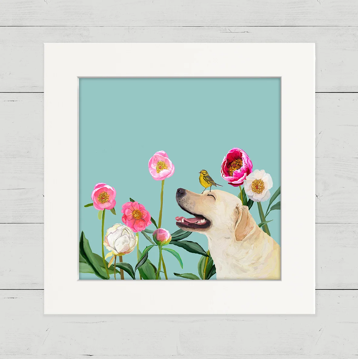 Dogs and Birds - Yellow Lab on Blue Happy Square Art