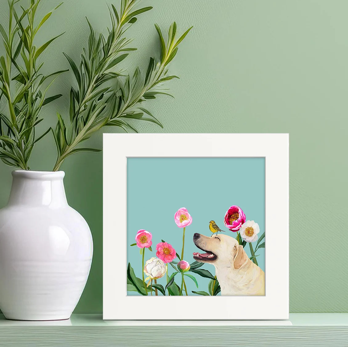 Dogs and Birds - Yellow Lab on Blue Happy Square Art