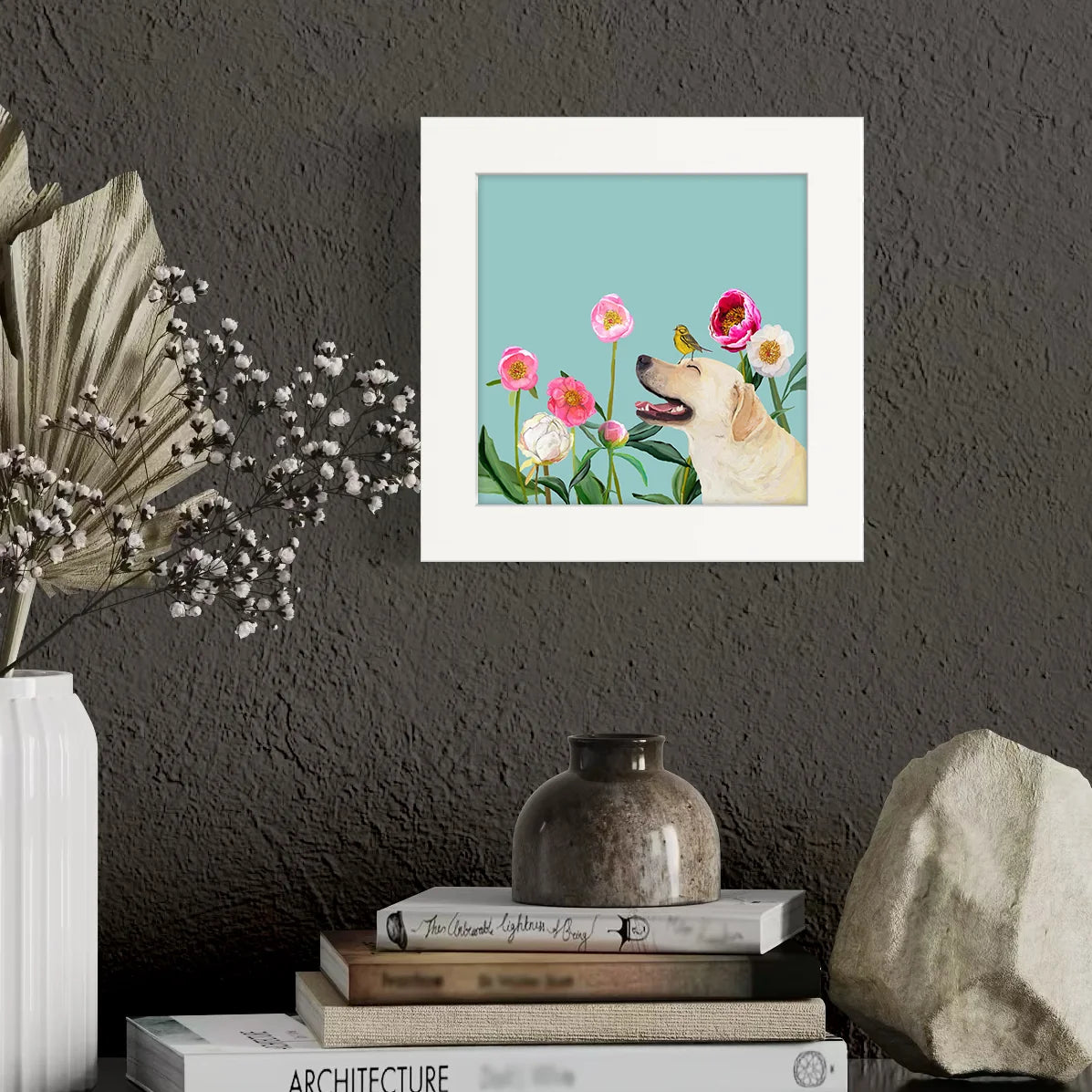 Dogs and Birds - Yellow Lab on Blue Happy Square Art