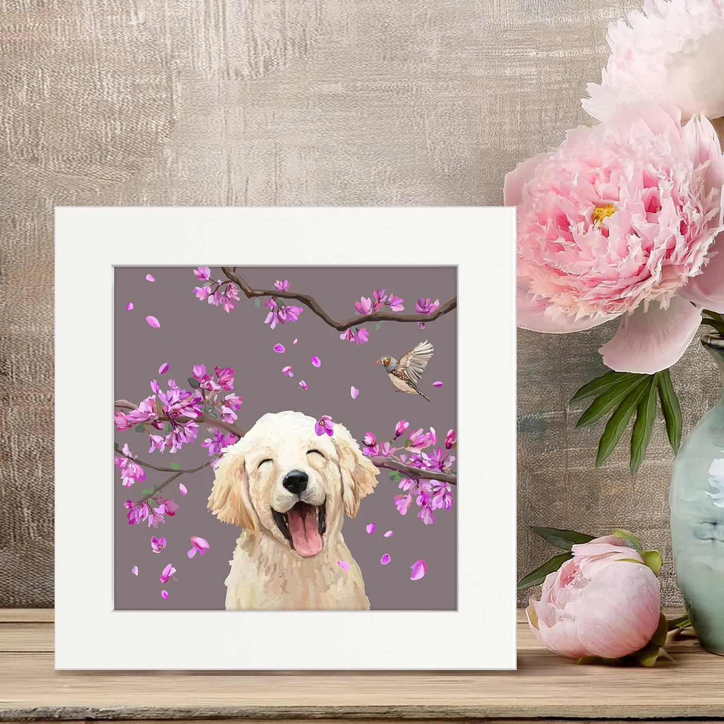 Dogs and Birds - Golden Retriever Pup Happy Square Art