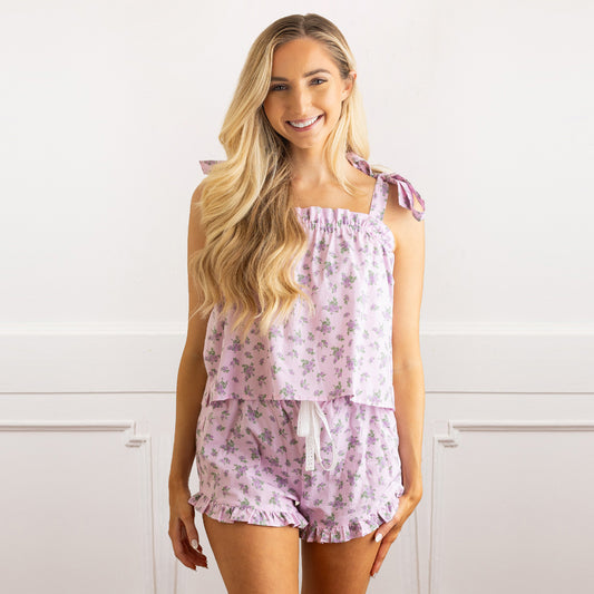 Cottage Floral Lilac Tie Top Ruffle Sleep Set