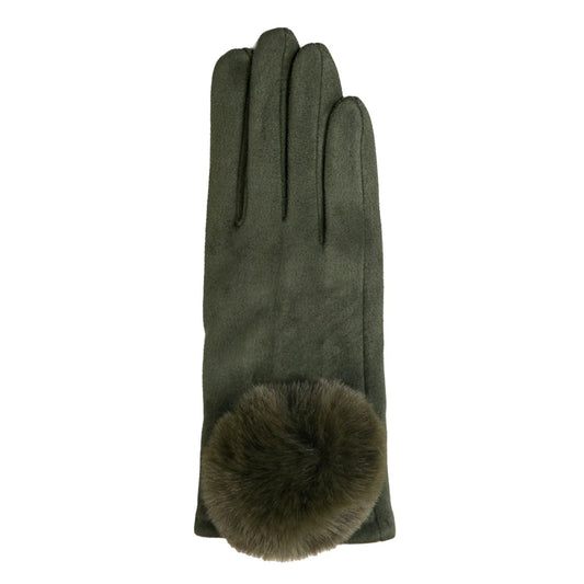 Mariah Glove Olive Green With Large Faux Fur Pom