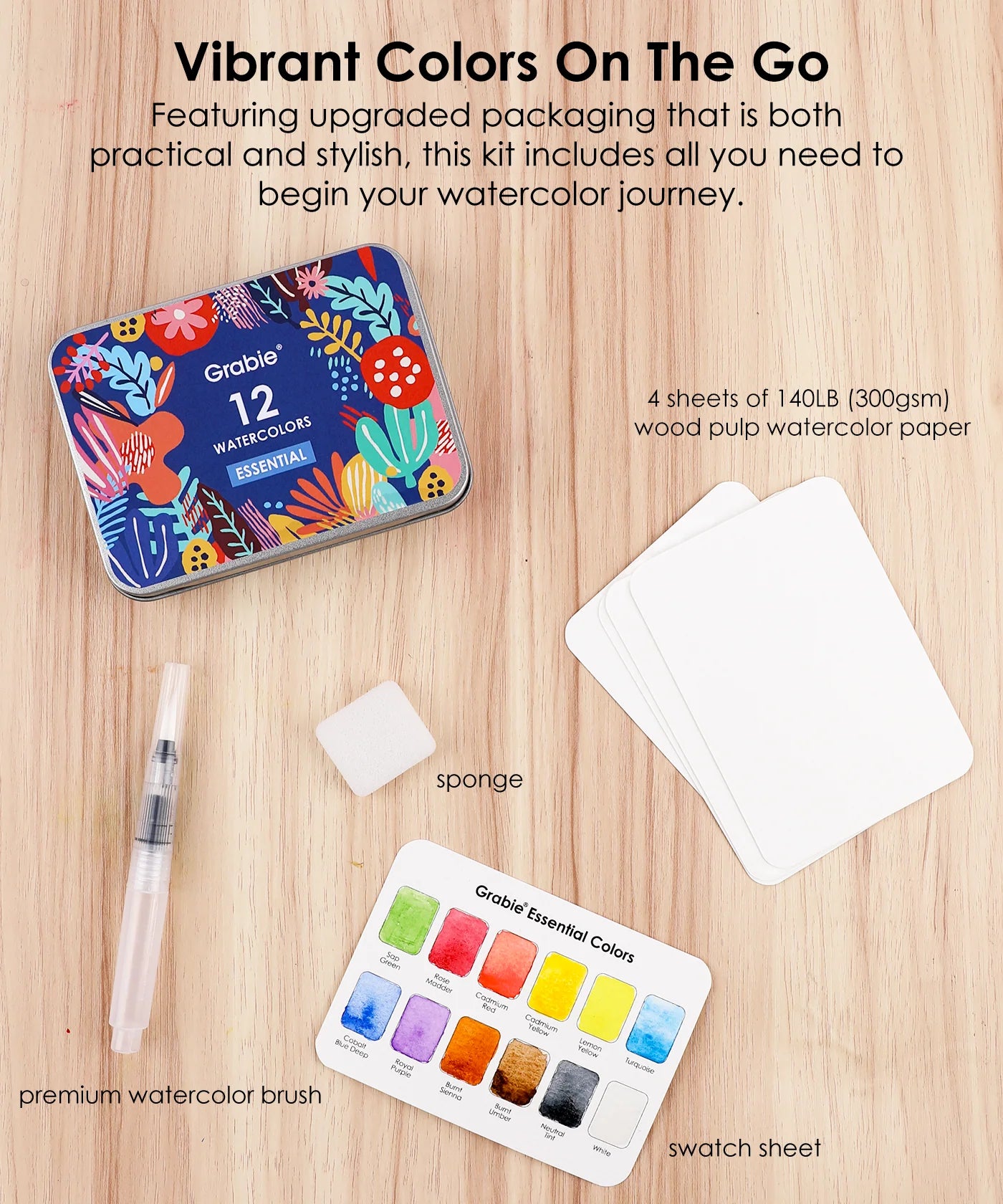 Watercolor Pocket Set of 12 with Brush Essential Colors