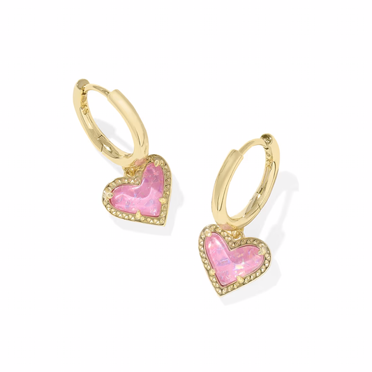 Ari Heart Huggie Earrings Gold Pink Iridescent Glitter Glass
