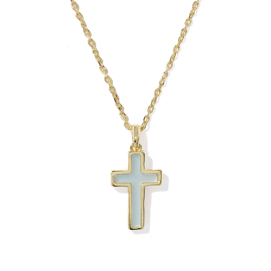 Cross Pendant Necklace Gold Matte Light Blue Dichroic Glass