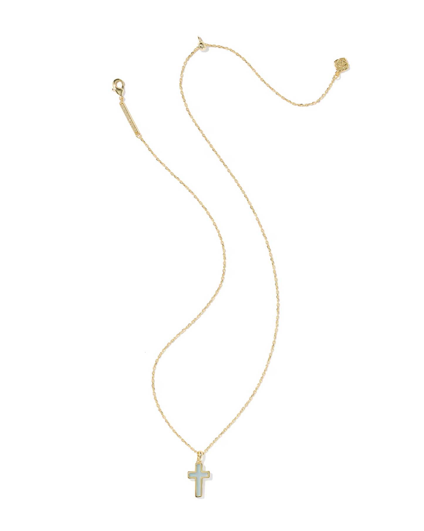 Cross Pendant Necklace Gold Matte Light Blue Dichroic Glass