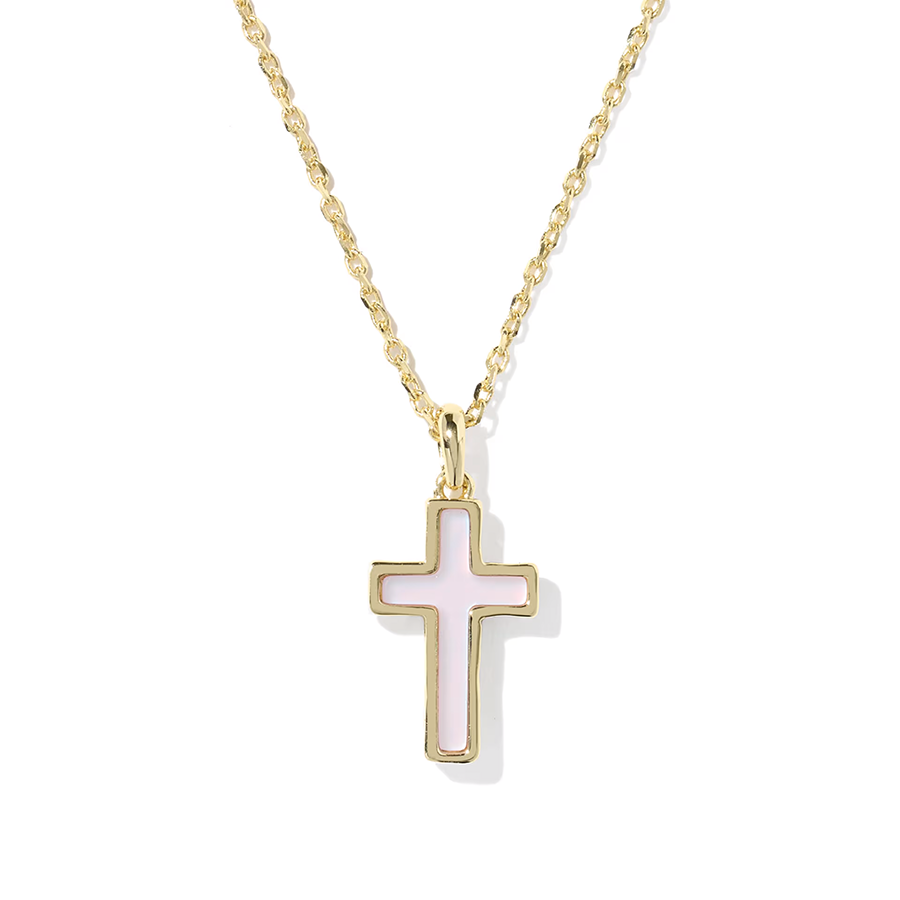 Cross Pendant Necklace Gold Matte Blush Pink Dichroic Glass