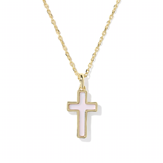 Cross Pendant Necklace Gold Matte Blush Pink Dichroic Glass