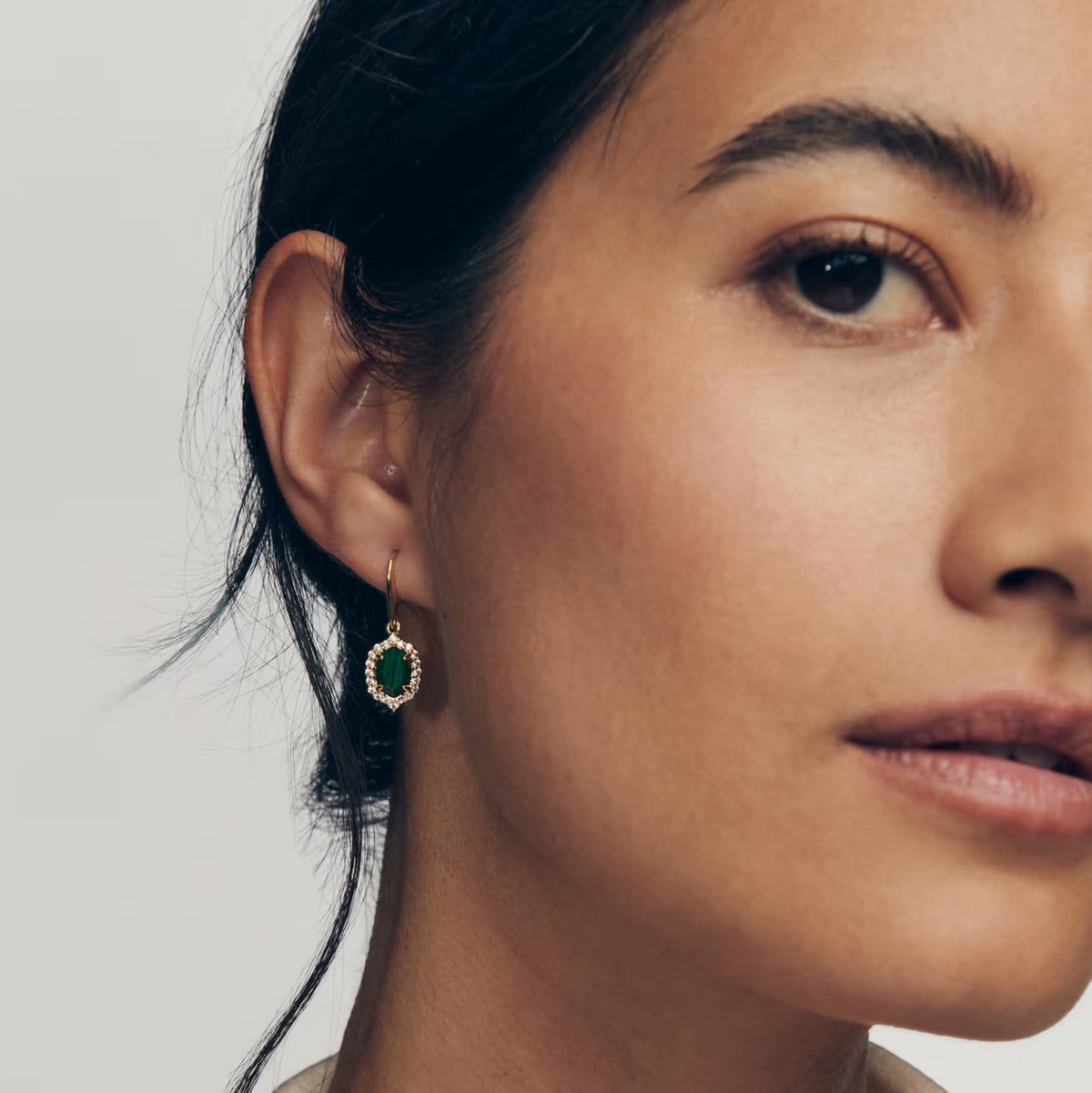 Daphne Crystal Frame Drop Earrings Gold Green Malachite
