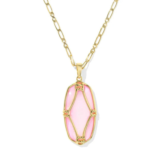 Elle Lattice Frame Long Pendant Necklace Gold Blush Ivory Mother of Pearl