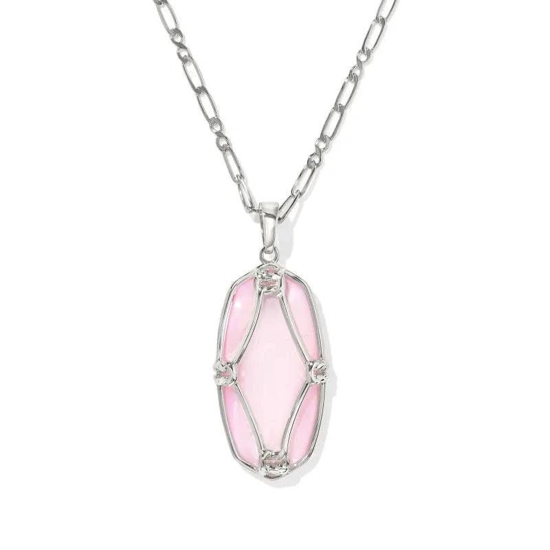 Elle Lattice Frame Long Pendant Necklace Silver Blush Ivory Mother of Pearl