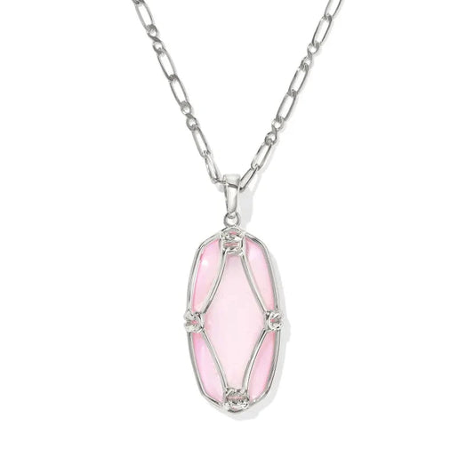Elle Lattice Frame Long Pendant Necklace Silver Blush Ivory Mother of Pearl