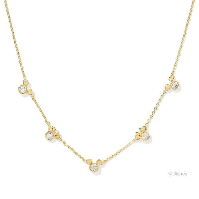 Mickey Minnie Mouse Strand Necklace Gold White Crystal