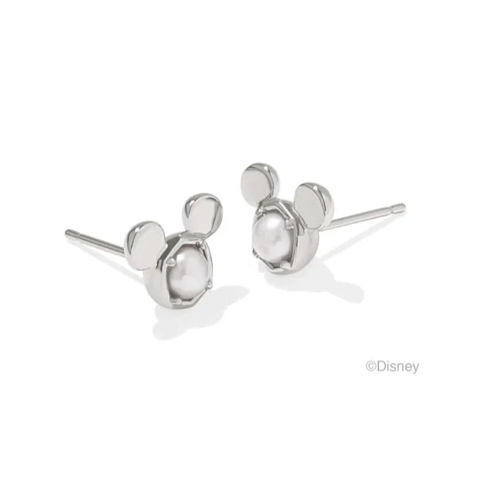 Mickey Mouse Stud Earrings Silver White Pearl