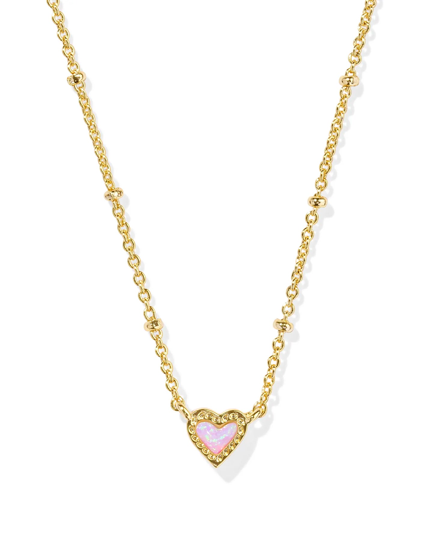 Mini Ari Heart Gold Satellite Short Pendant Necklace in Bubblegum Pink Kyocera Opal