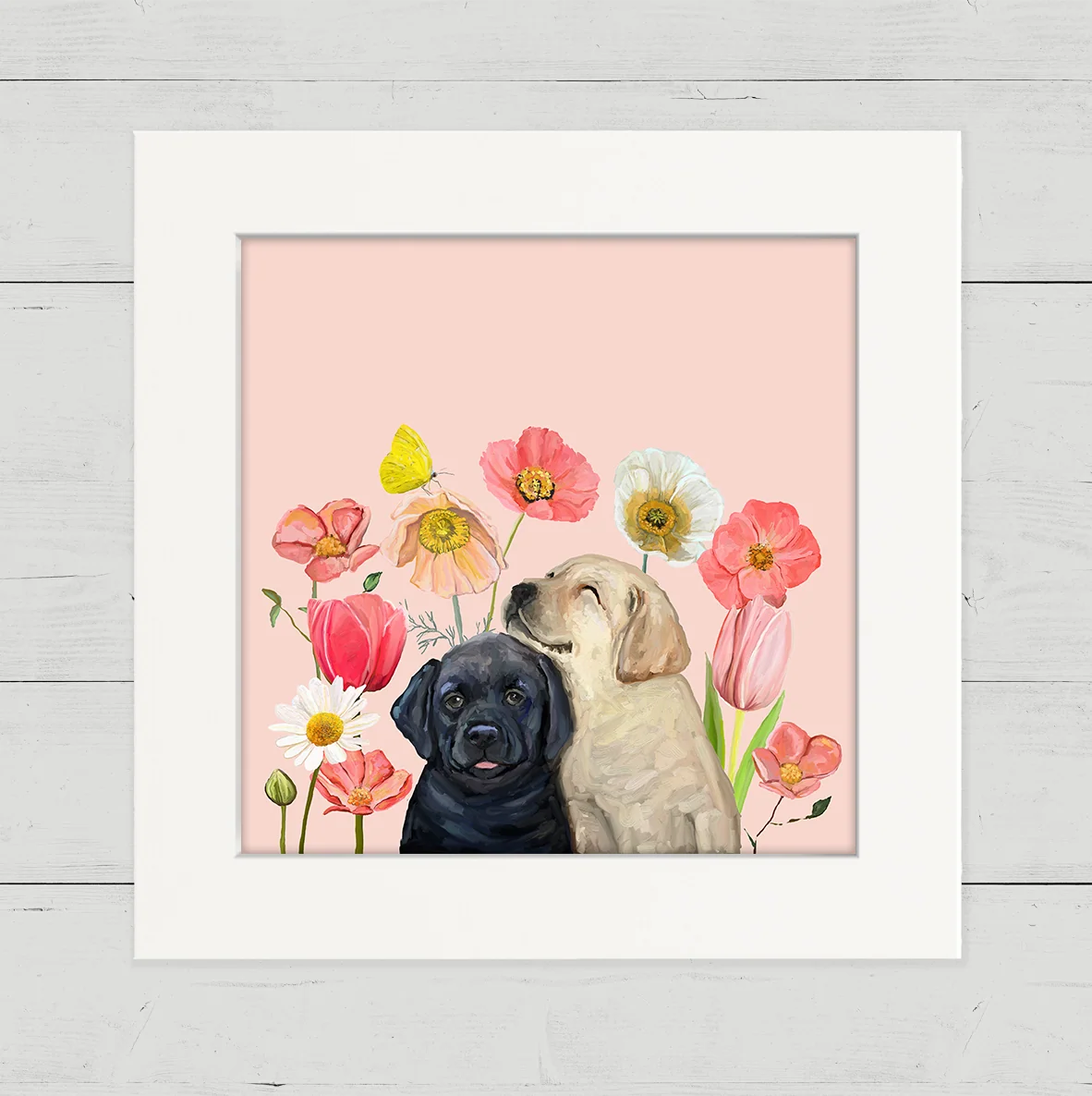 Pups and Bugs - Black and Yellow Labs Happy Square Art