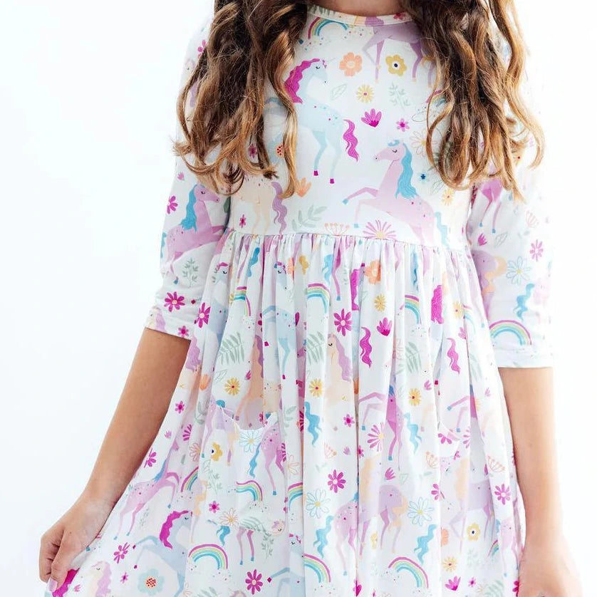 Rainbow Vibes 3/4 Sleeve Pocket Twirl Dress