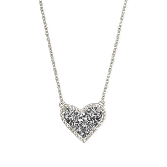 Ari Heart Short Pendant Necklace Silver Platinum Drusy
